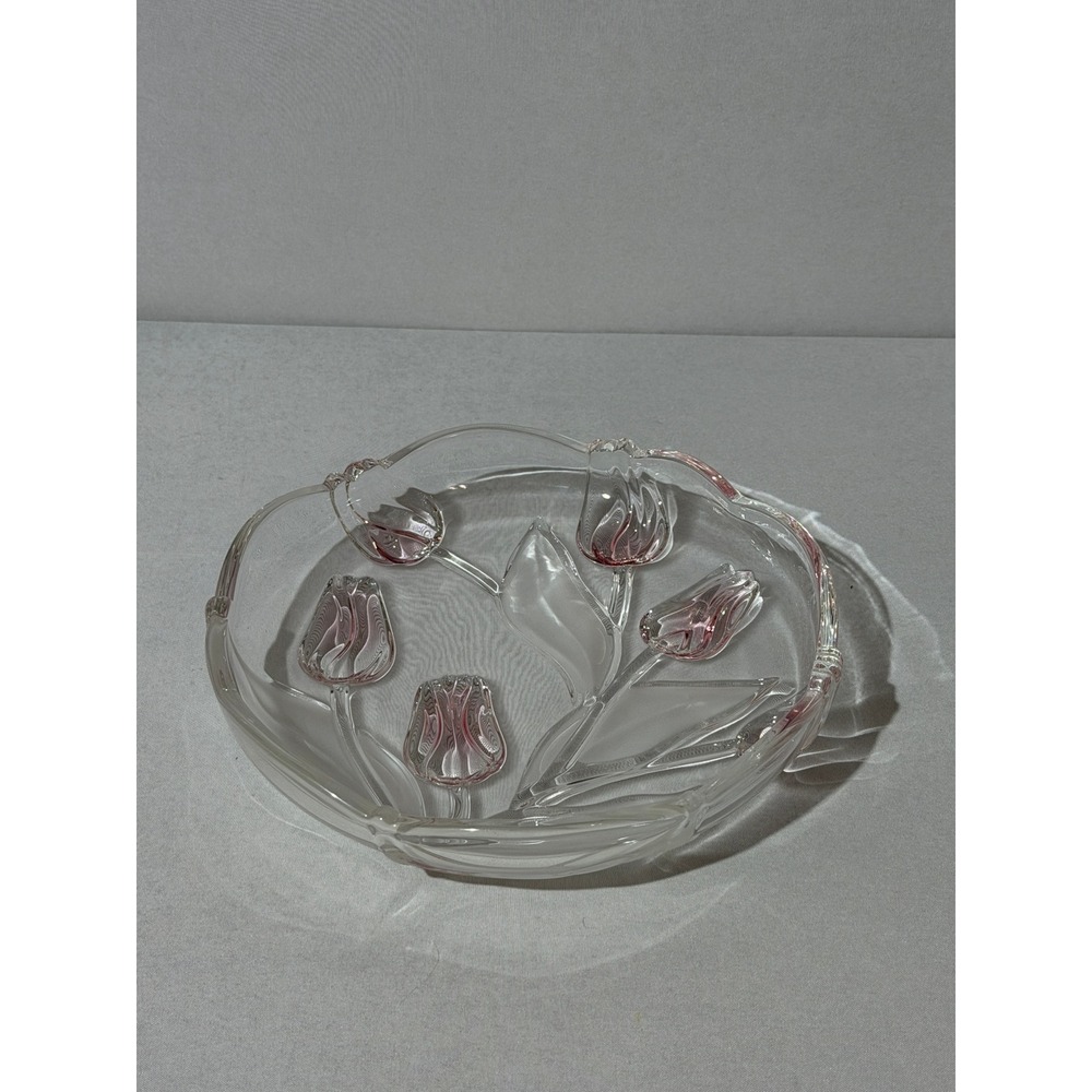 Mikasa‎ French Countryside Glass Bowl Pink Embossed Tulip Frosted Leaf Scalloped
